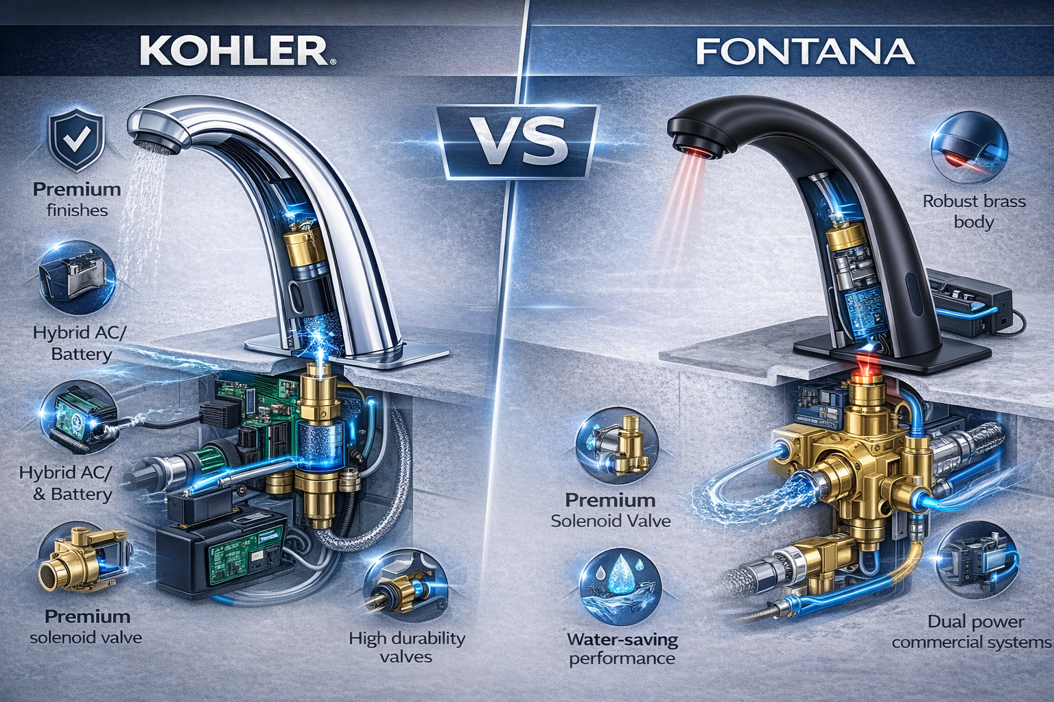 Technical comparison showing Kohler premium features versus Fontana value-engineered commercial solutions
